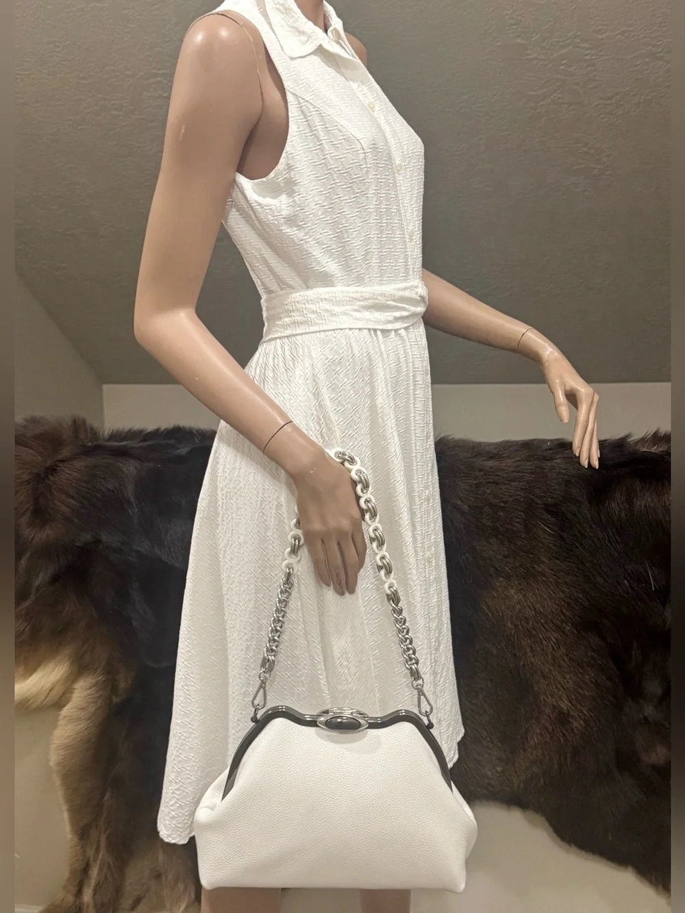 White Pebble Cowhide Handmade Custom Metal Frame Shoulder Bag, With 2 Straps